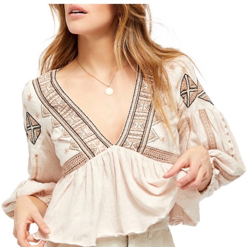 Free People ARIA Embroidered Top Women's V Neck Swing Flounce Ruffle Hem